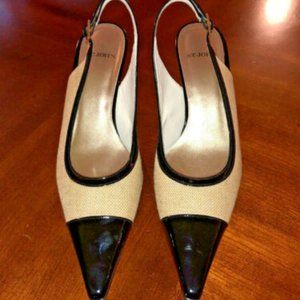 ST. JOHN SLINGBACK SHOES PUMPS BEIGE LINEN WITH BLACK PATTENT LEATHER